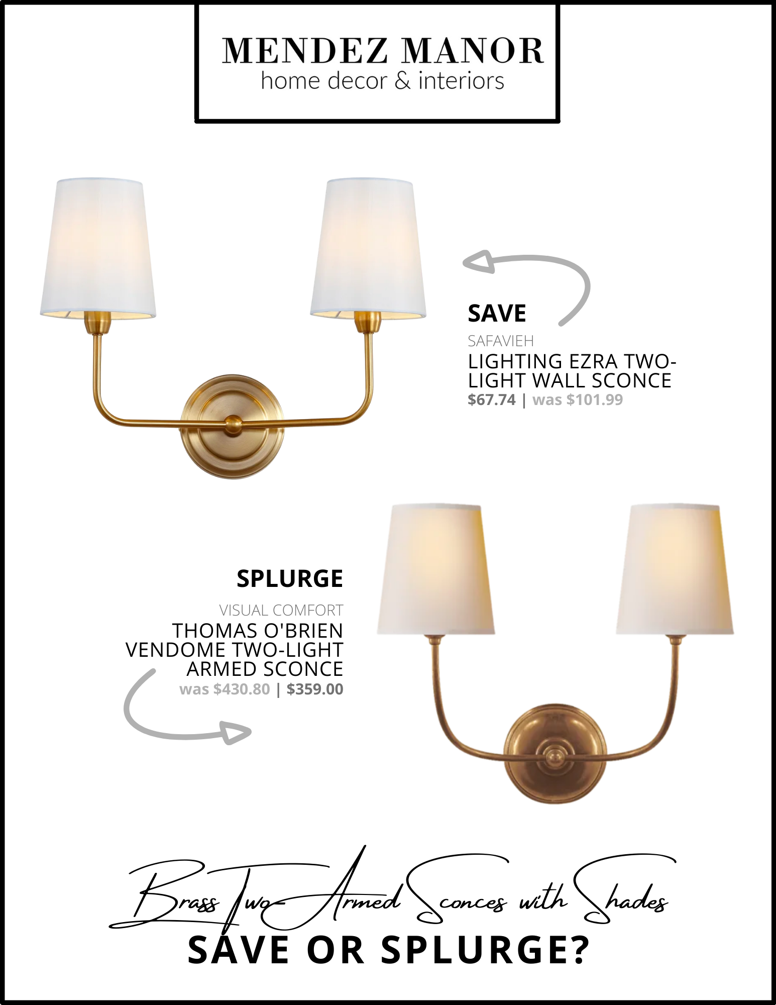 Save or Splurge? Brass Two-Armed Sconces with Shades