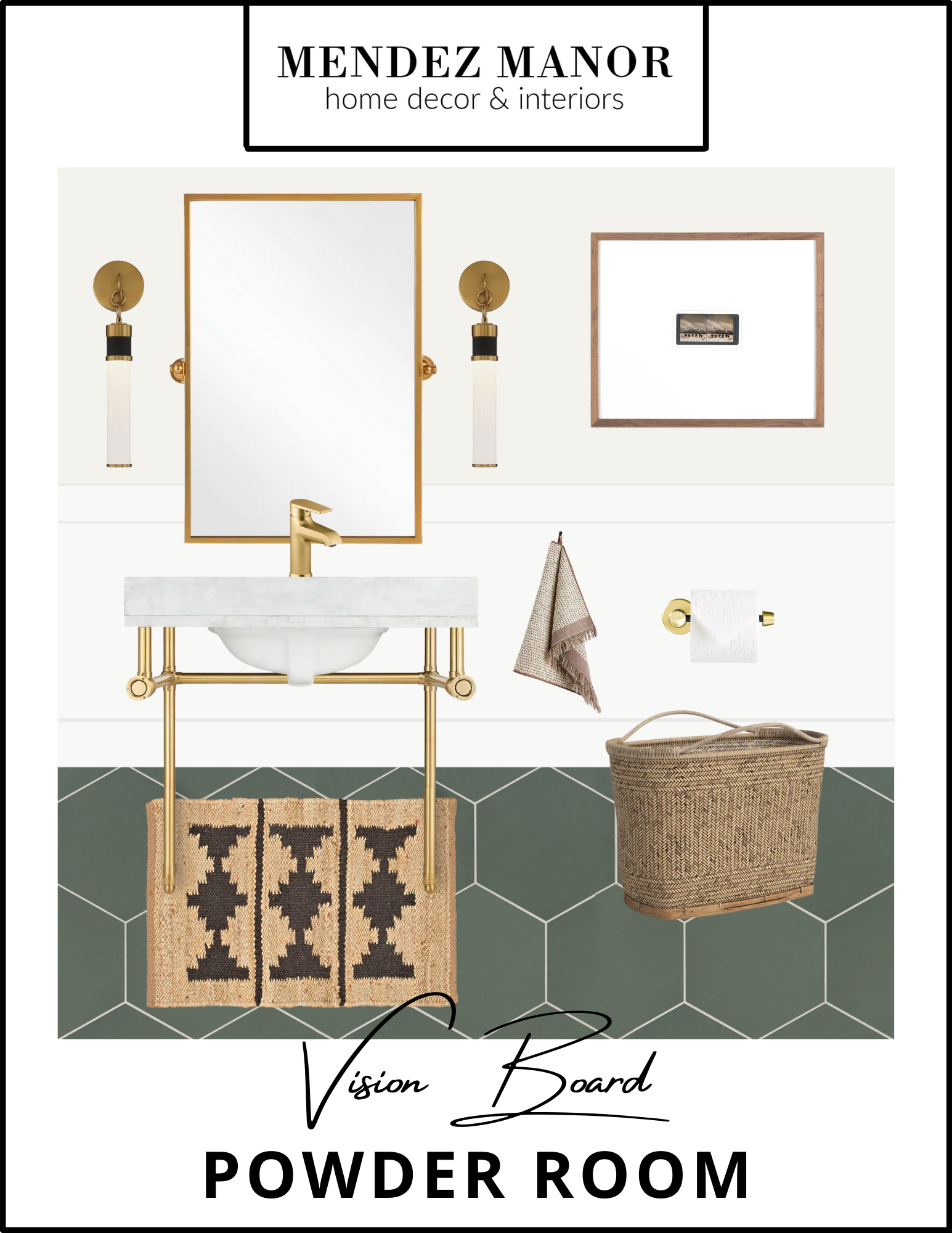 Transitional Powder Room Design with Green Tiles